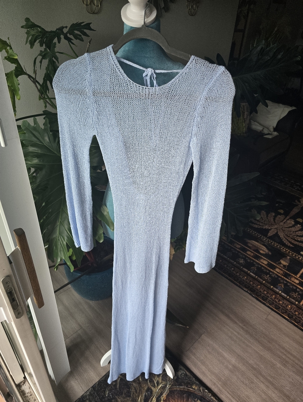 Light Blue Knit Long-Sleeve Maxi Dress